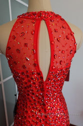 Luxurious Crystal Beaded Halter Mermaid Evening Dresses Leg Split Semi Formal Prom Gowns